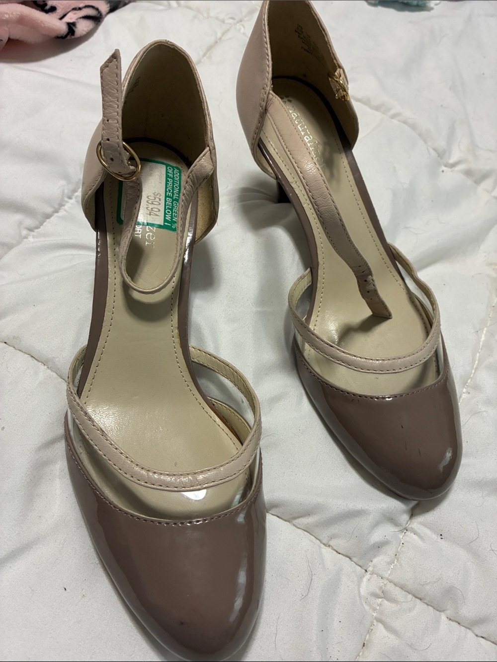Nude Two-Tone Patent Pointed-Toe Heels with Ankle Strap